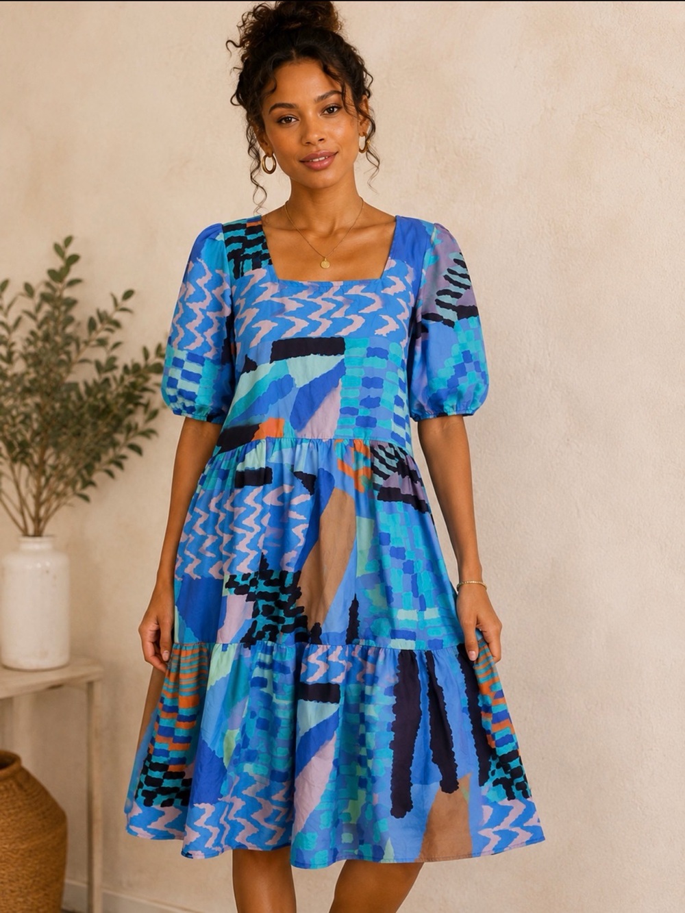 Maude Vivante Abstract Blue Multi Puff-Sleeve Midi Dress